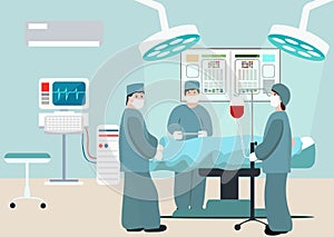 Vector Illustration of operating room. Surgeon team at work in operating room. Medical surgery flat composition with