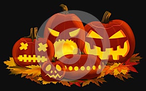 Vector illustration of orange glowing pumpkin lanterns for Halloween with carved faces placed on autumn leaves.