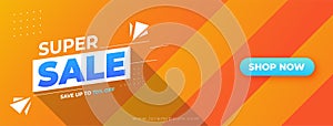 Vector illustration orange Sale banner with blue button shop now template design, Big sale special up to 70% off. Super Sale, end