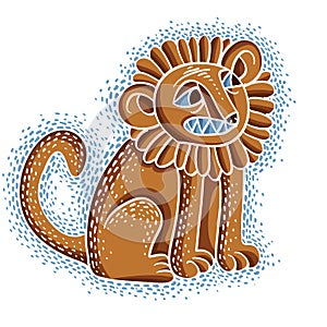 Vector illustration of orange sitting lion with teeth and beautiful mane, emotional expression of wild animal. Mascot