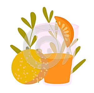 Vector illustration of an orange with a slice and a glass of juice on a white background. Exotic item for design in flat style