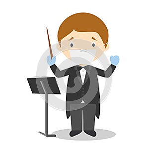 Vector illustration of an orchestra director with surgical mask and latex gloves as protection against a health