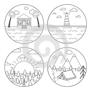 Vector illustration of outdoor activity symbol for campers, hiking. Set of four circle icon or logo in line style, Isolated.
