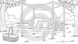 Vector illustration, outdoor picnic gazebo, coloring