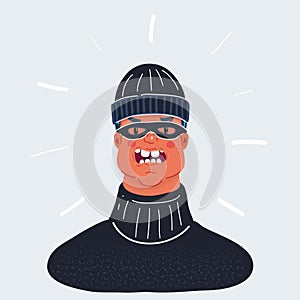 Vector illustration of outlaw man portrate, wearing balaclava and mask isolated on white. Angry face expressin of