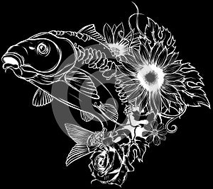 vector illustration of outline Carp fish in white line on black background