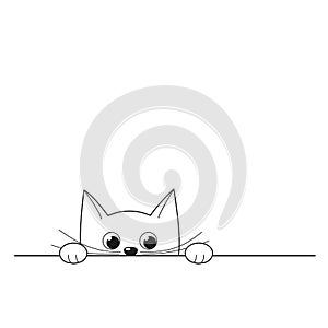 Vector illustration of outline cute peeking kitten isolated on w