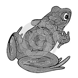 Vector illustration of outline, decorative zentangle sitting frog, in black color, isolated, on white background.