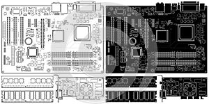 Vector illustration outline of old computer motherboard, memory and graphics card