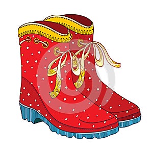 Vector illustration of outline red rubber boots with ornate bow isolated