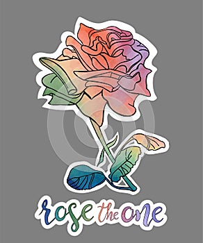 Vector illustration of outline rose with stem and leaves isolated on white background