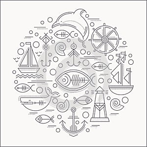 Vector illustration with outlined nautical icons forming a circle
