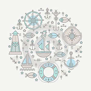 Vector illustration with outlined nautical seafaring signs and marine animals photo
