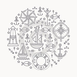 Vector illustration with outlined seafaring and nautical signs photo