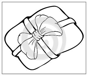 Vector illustration with outlines of Cartoon gift box, parcel or package with ribbon and a bow. For logo, icon, app, UI