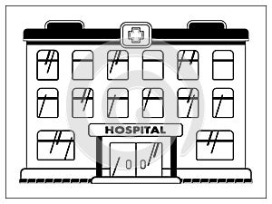 Vector illustration with outlines of medical facility, hospital, ambulance. For web, logo, app, UI. Isolated