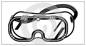 Vector illustration with outlines of Safety glasses icon, goggles. For web, logo, app, UI. Isolated