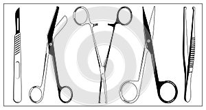 Vector illustration with outlines of Surgical Instrument. Scalpel, clamp, scissors, tweezers. For web, logo, app, UI