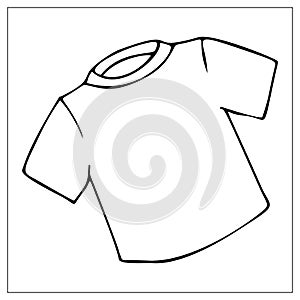 Vector illustration with outlines of white basic simple T-shirt. For web, logo, icon, app, UI. Cartoon style. Casual