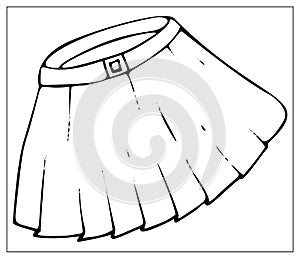 Vector illustration with outlines of womens short pleated skirt with a belt. Female casual clothing. Cartoon style, icon