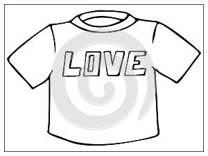 Vector illustration with outlines of Womens T-shirt with letters LOVE. For web, logo, icon, app, UI. Cartoon style