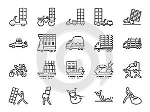 Overweight transport line icon set. Included icons as shipping, delivery, heavy, truck, trailer and more.