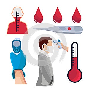 Vector illustration pack bundle temperature, blood, Infrared Thermometer laser thermometer shoot measuring heat of human body temp