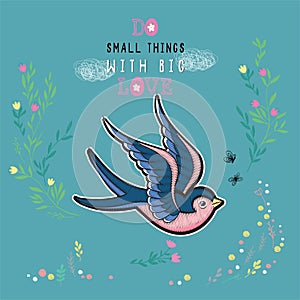 Vector illustration of pair of embroidered swallows with stitch imitation in retro tattoo style