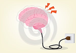 Vector illustration The pale pink brain needs to be recharged by plugging in a charger. to increase power to give the brain energy