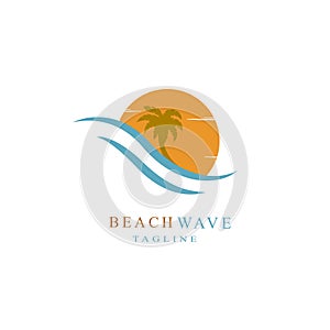 Palms, wave and sun logo badge. Design elements