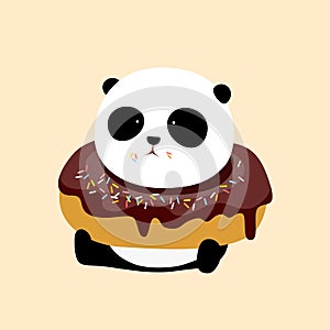 Vector Illustration: A panda is sitting on the ground, with a big dark chocolate and rum flavor doughnut / donut / bagel on neck.