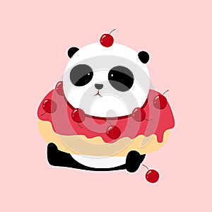 Vector Illustration: A panda is sitting on the ground, with a cherry flavor doughnut / donut / bagel on neck.