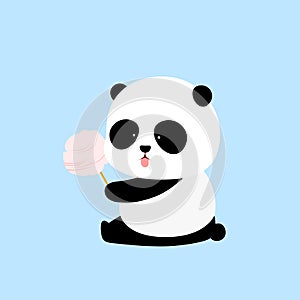 Vector Illustration: A panda is sitting on the ground, sticking tongue out, with a cotton candy / marshmallow