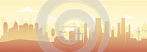 Vector illustration of panoramic industrial silhouette landscape with factory buildings and pollution in flat style.