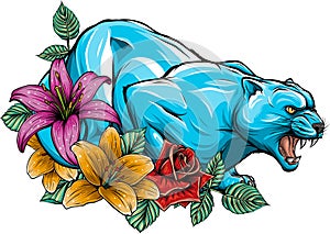 vector illustration of Panther with flowers on white background