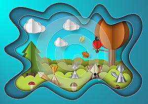 Vector illustration of paper cut with layers. Forest with wild animals, trees and mushrooms, Fluffy clouds with shadow on the sky