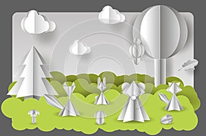 Vector illustration of paper cut with layers. Forest with wild animals, trees and mushrooms, Fluffy clouds with shadow on the sky