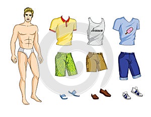 Vector illustration of paper doll man with set of stylish summer clothes and shoes