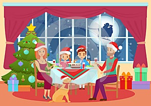 Vector illustration of parents and children kids sitting at table and dining on Christmas eve. Christmas family dinner