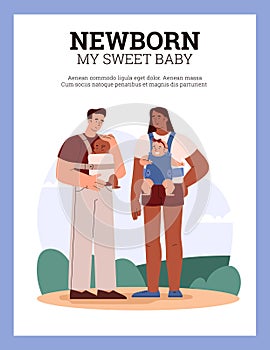 Vector illustration of parents, dark-skinned mom and dad holding babies in sling against the sky and the lawn, on walks