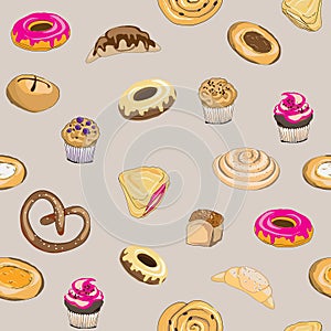 Vector illustration of pastry on grey background. Pretzel, muffin, cake, pie, croissant and bun. Seamless pattern