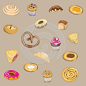 Vector illustration of pastry. Pretzel, muffin, roll, bun, pie, cake and croissant on brown background
