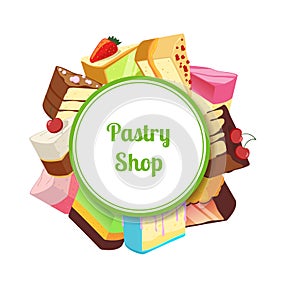 Vector illustration for pastry shop or confectionary with cartoon tasty cake