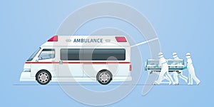 The vector illustration of patient transportation into an ambulance. The concept is health care