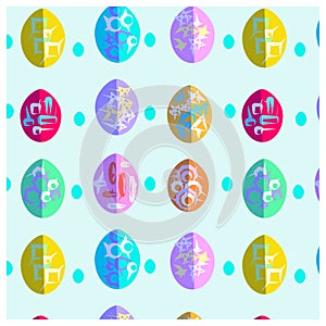 Vector illustration of a pattern of abstract flat painted colored Easter eggs on a blue background.