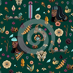 Vector illustration pattern. Indigenous style. Abstract plants, flower, leaf and feather. Ethnic faces of Native American or