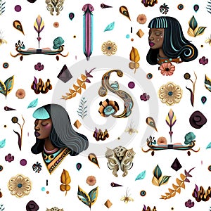 Vector illustration pattern. Indigenous style. Abstract plants, flower, leaf and feather. Ethnic faces of Native American or