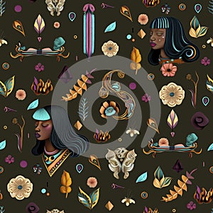 Vector illustration pattern. Indigenous style. Abstract plants, flower, leaf and feather. Ethnic faces of Native American or Afric