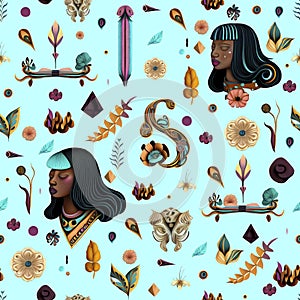 Vector illustration pattern. Indigenous style. Abstract plants, flower, leaf and feather. Ethnic faces of Native American or Afric