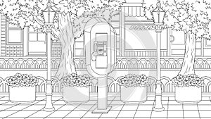 Vector illustration, payphone in a city park on a wide street